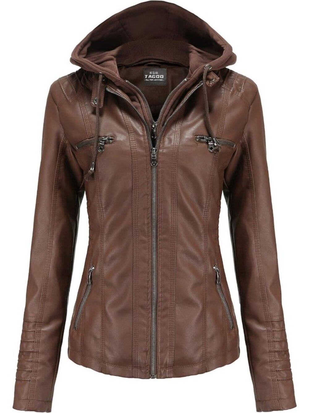Chic Women's Faux Leather Moto Jacket with Removable Hood - Stylish & Versatile